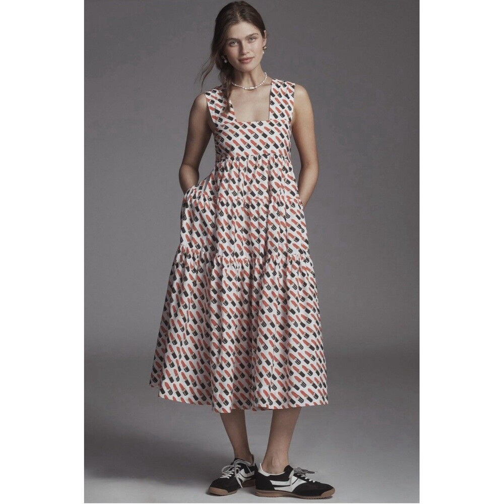 Anthropologie White Midi Dress with adorable 💄 Print